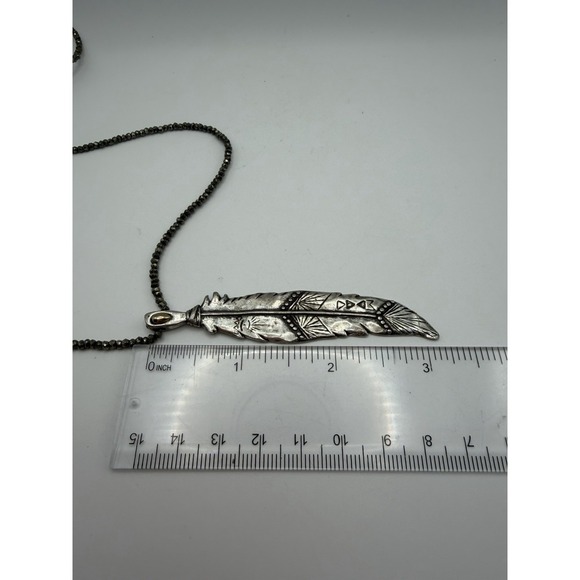 Pascale Monvoisin Sterling Silver Feather Pendant Pyrite Beaded Necklace Boho - Picture 4 of 7
